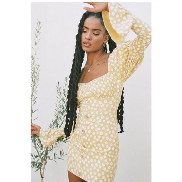 SABO SKIRT Sidney Mini Dress Yellow White Floral Print Long Flared Sleeve XS - Picture 2 of 7